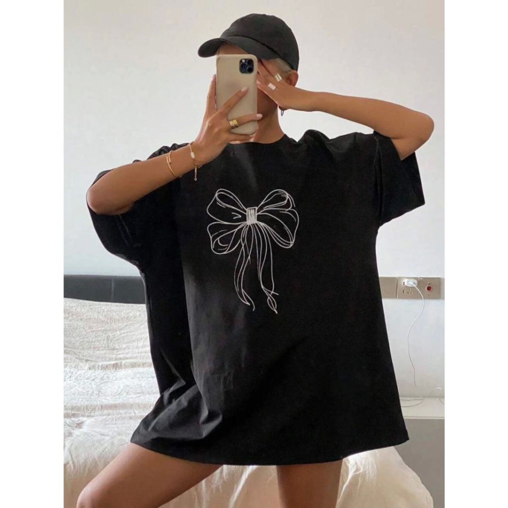 Lucky Life Kadın Baskılı Oversize T-shirt - Siyah