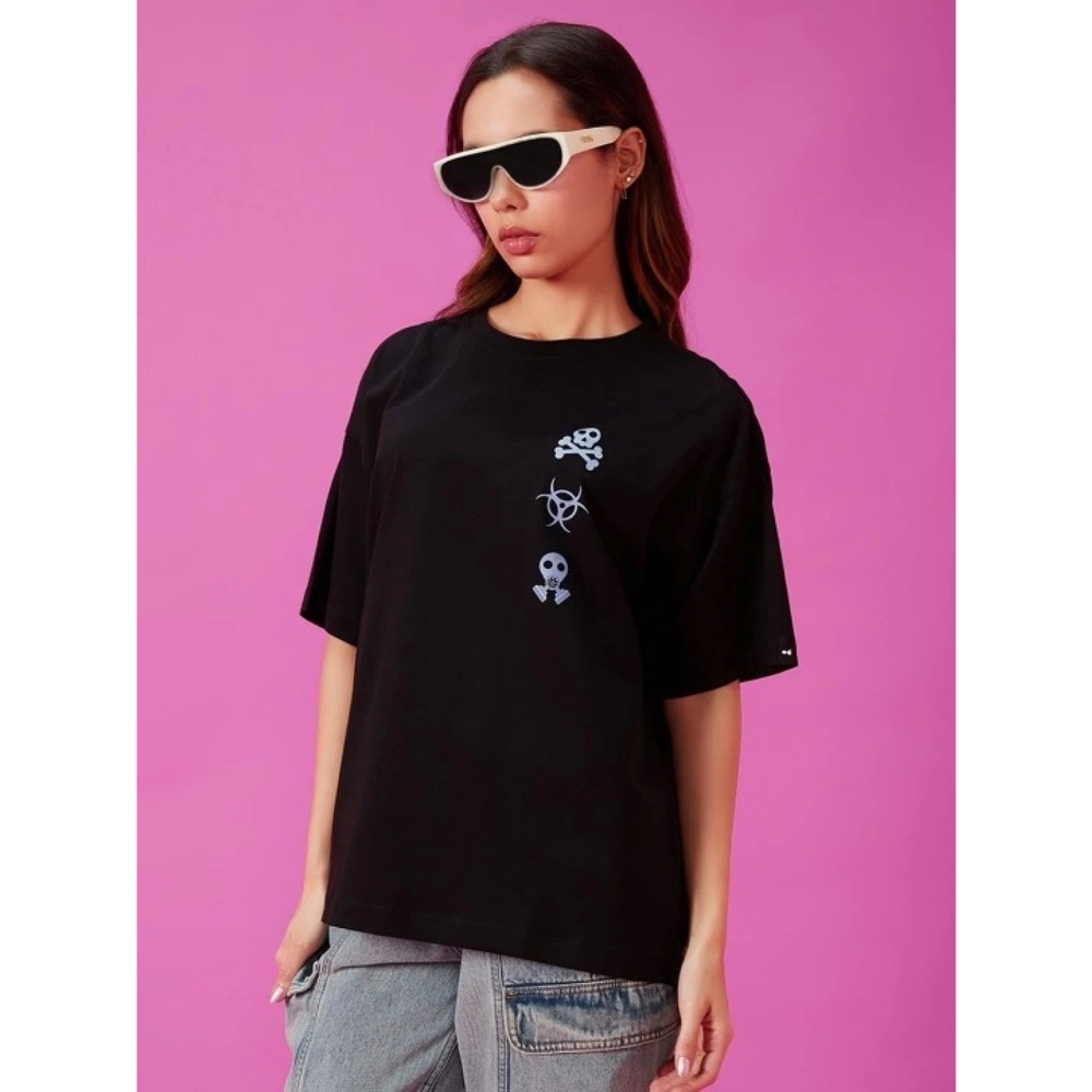Lucky Life Kadın Baskılı Oversize T-shirt - Siyah