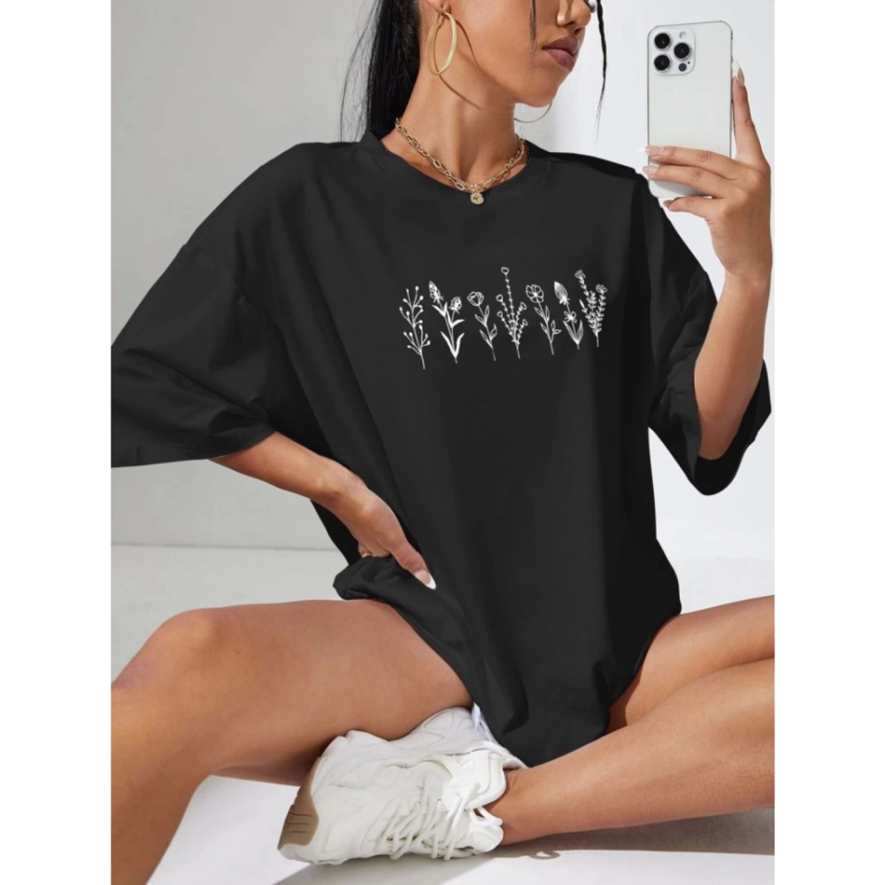 Lucky Life Kadın Baskılı Oversize T-shirt - Siyah