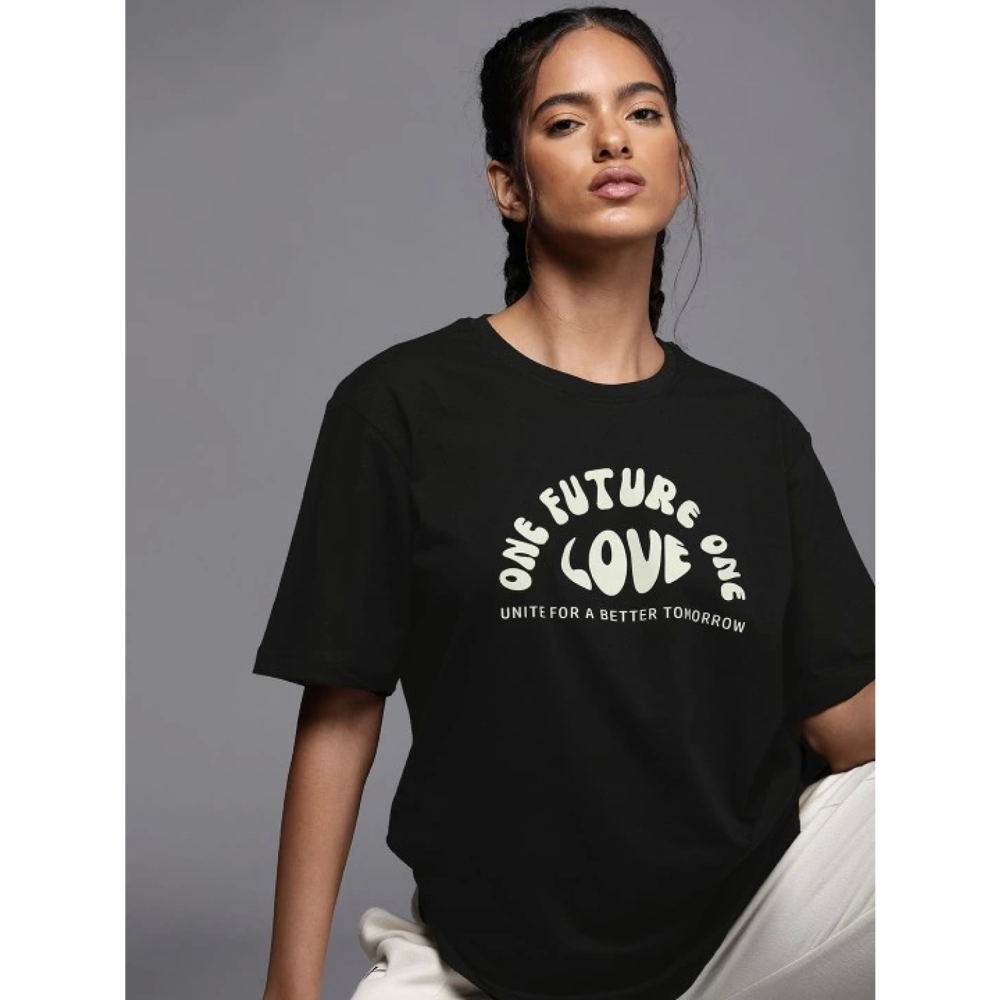 Lucky Life Kadın Baskılı Oversize T-shirt - Siyah