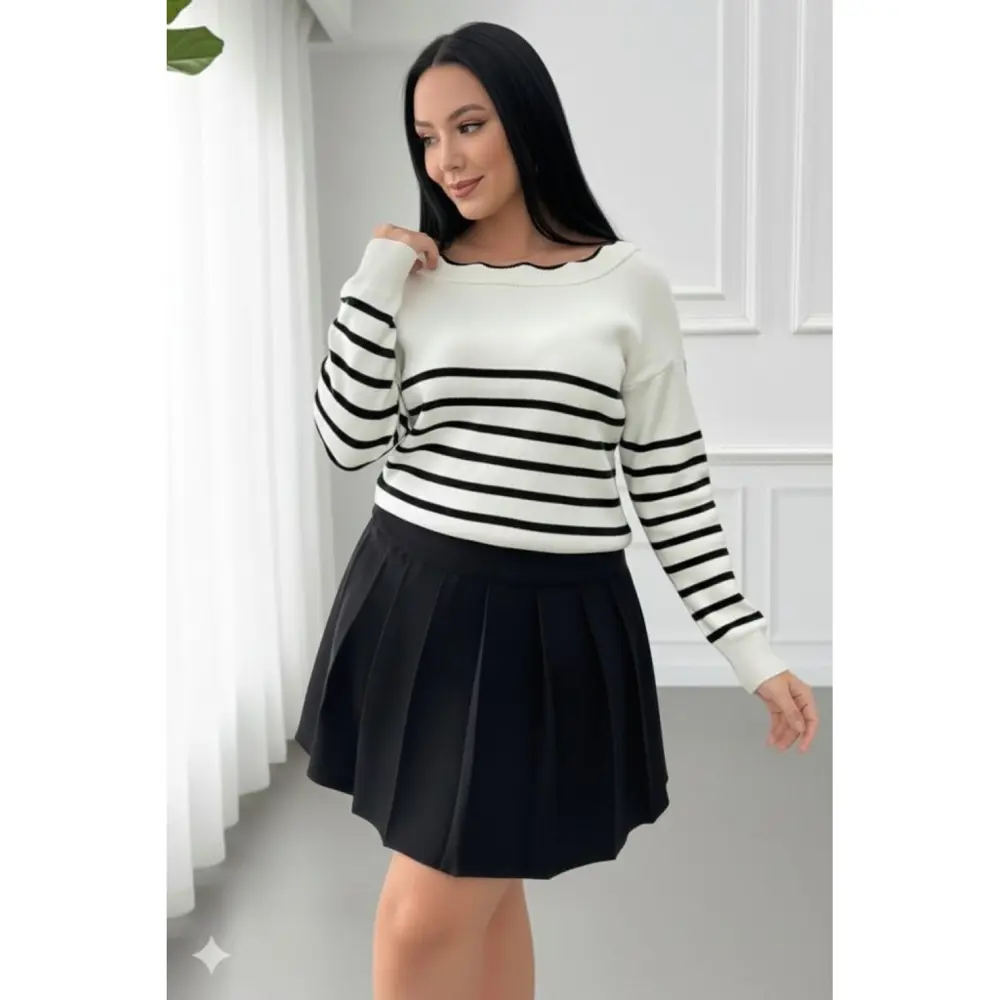 Lucky Life Kadın Beyaz Sırt Bağlama Detaylı çizgi Desen Triko Blu