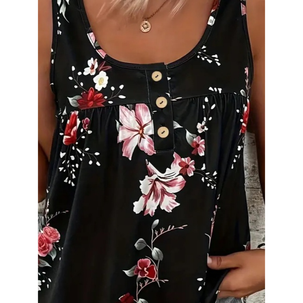 Lucky Life Kadın     Kalın Askılı önü Düğme Detay çiçek Desen Blu