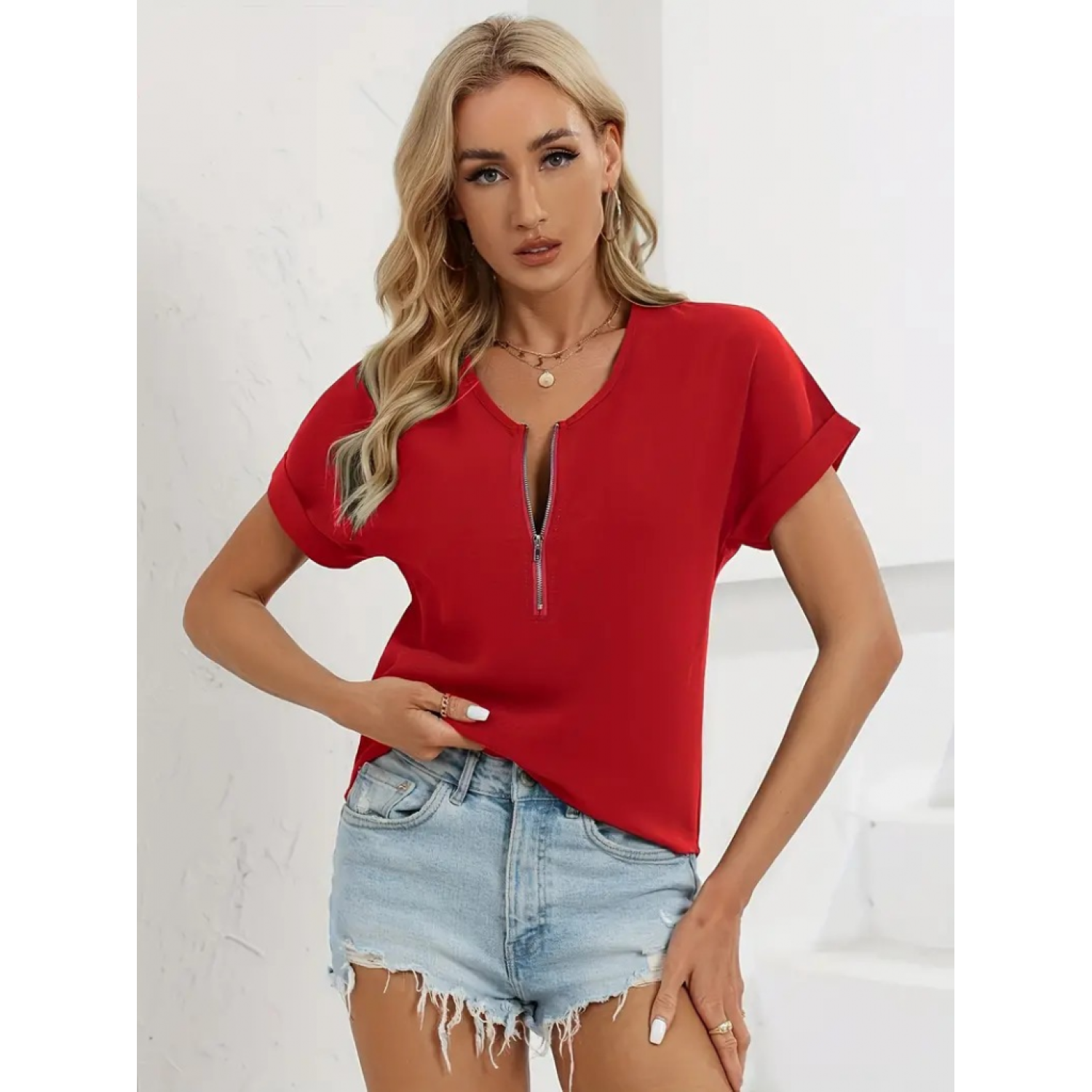 Lucky Life Kadın Kısa Kollu V Yaka Fermuarlı Salaş Sandy Bluz Lucky Life Kadın Kısa Kollu V Yaka Fermuarlı Salaş Sandy Bluz