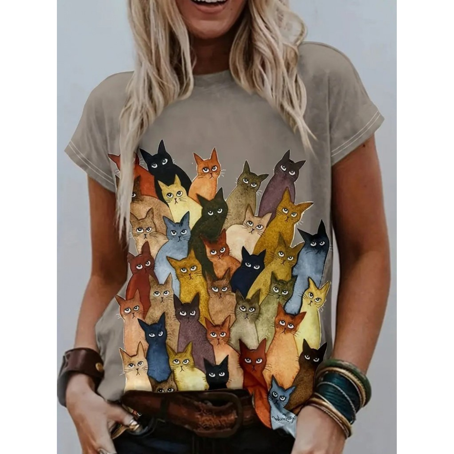 Lucky Life Kadın Kısa Kollu Bisiklet Yaka Kedi Desenli Süprem Blu Lucky Life Kadın Kısa Kollu Bisiklet Yaka Kedi Desenli Süprem Blu
