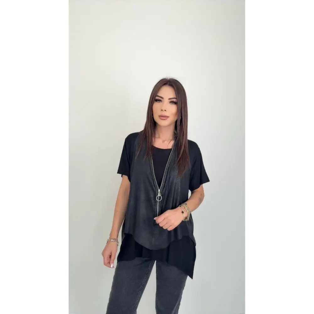 Lucky Life Kadın Kısa Kollu Yuvarlak Yaka Viskon Bluz + Kolsuz Fe