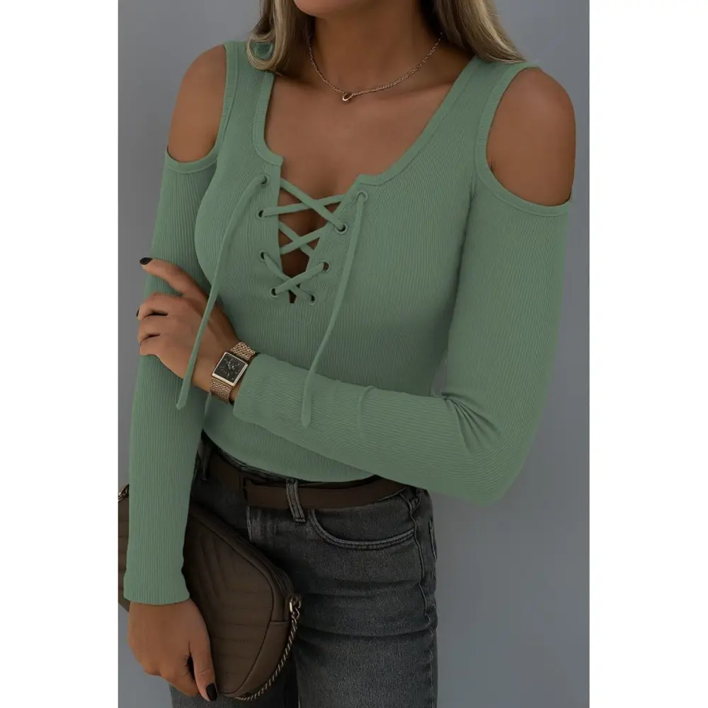 Lucky Life Kadın Omuzlardan Açık Uzun Kollu Bağcıklı Kaşkorse Blu