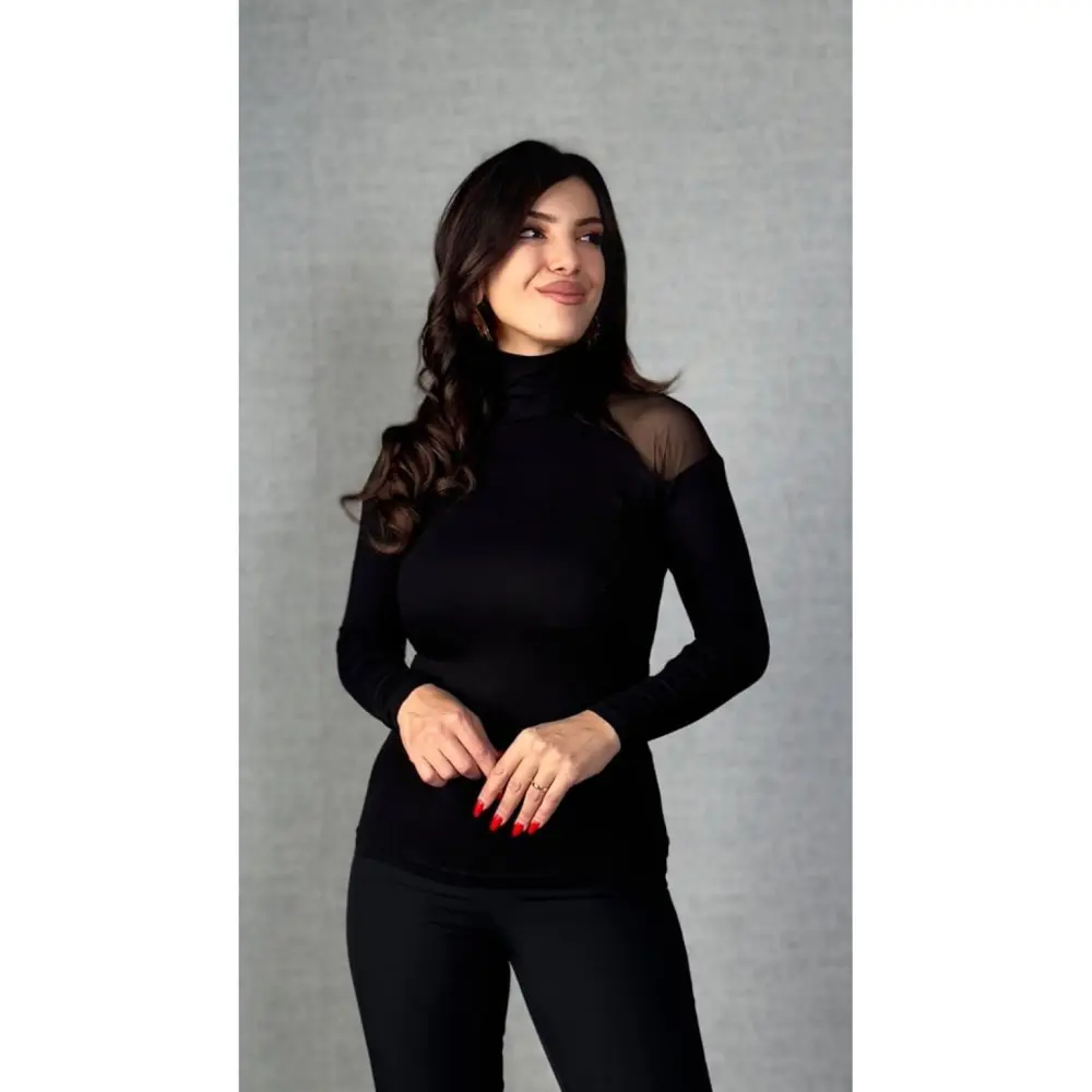 Lucky Life Kadın Omuzları Tül Balıkçı Yaka Viskon Kumaş Bluz