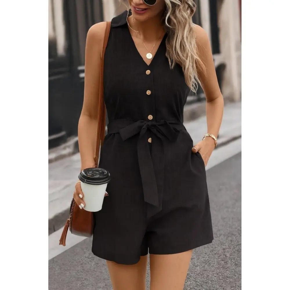 Lucky Life Kadın Sıfır Kollu Yakalı Düğmeli Belden Kuşaklı Kısa K