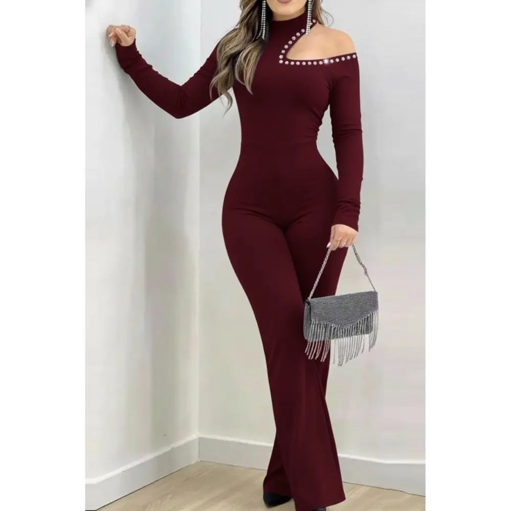 Lucky Life Kadın Tek Omuzdan Açık Balıkçı Yaka Taş Detaylı Uzun I