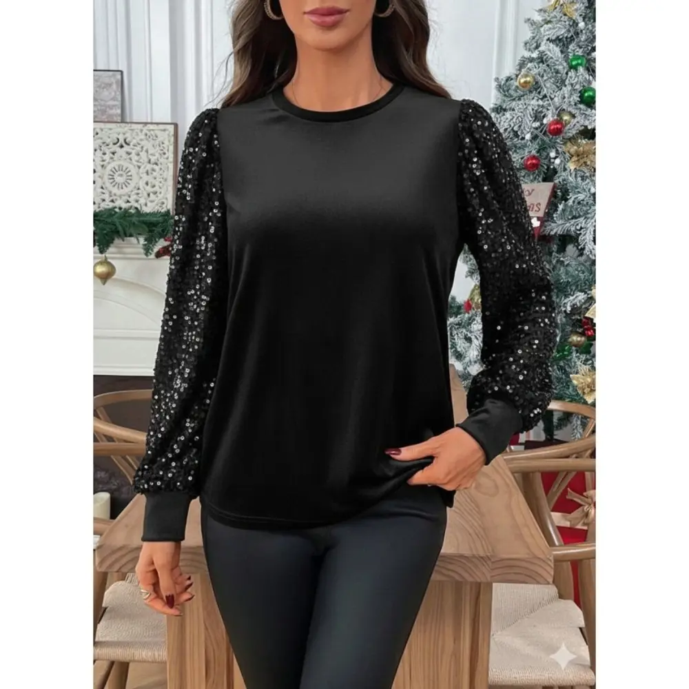 Lucky Life Kadın Uzun Kollu Bisiklet Yaka Kollar Pulpayet Kadife