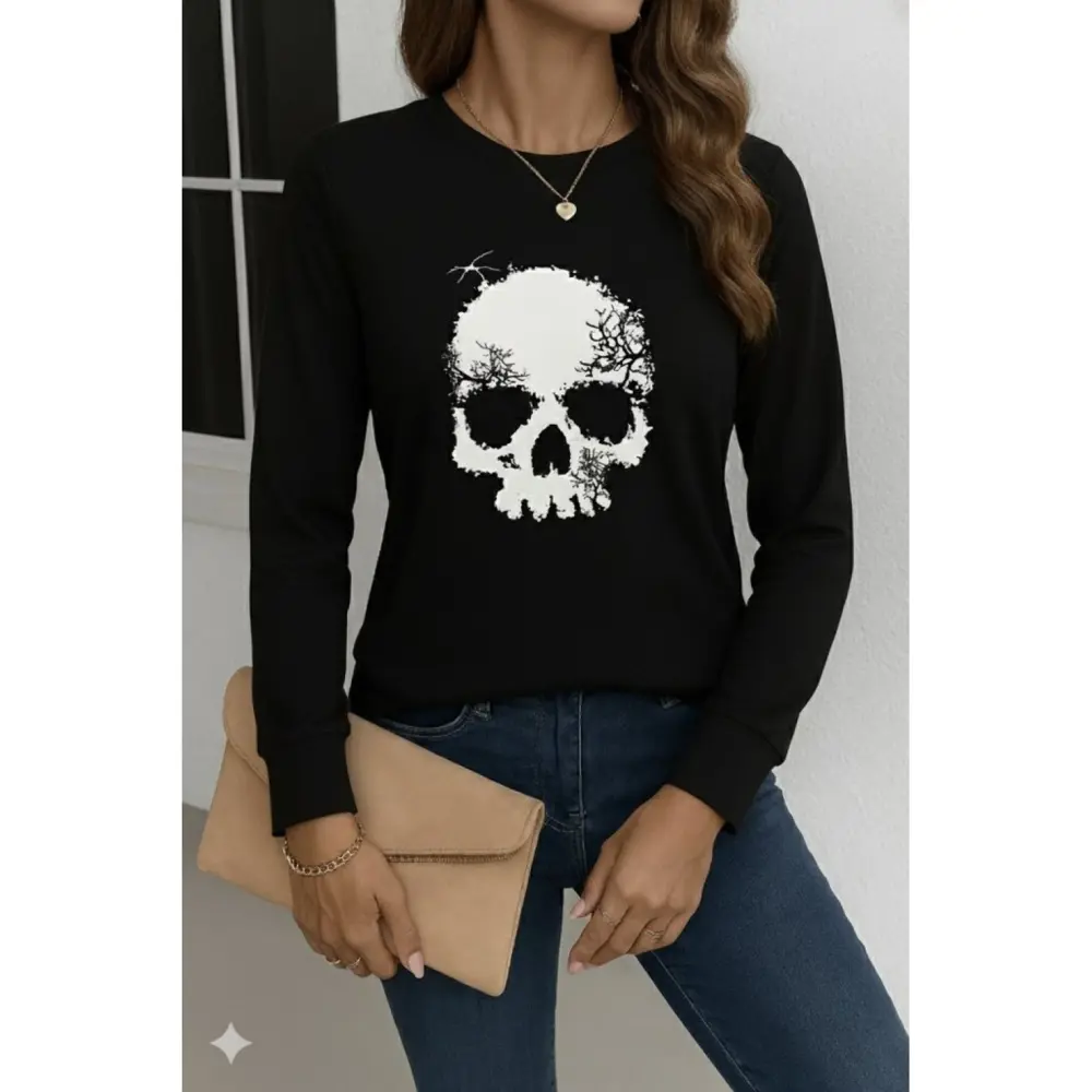 Lucky Life Kadın Uzun Kollu Bisiklet Yaka Kurukafa Desenli Viskon