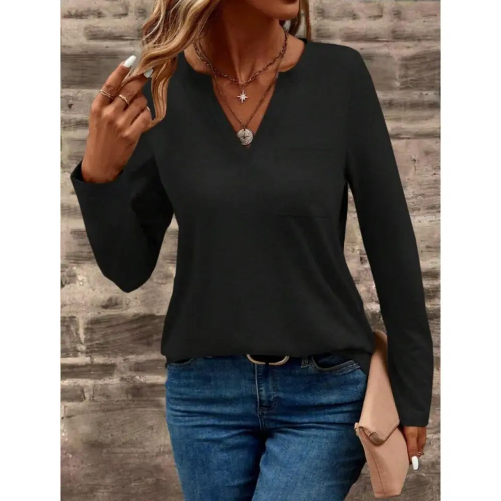 Lucky Life Kadın  Uzun Kollu Cepli V Yakalı Viskon Iki Iplik Bluz