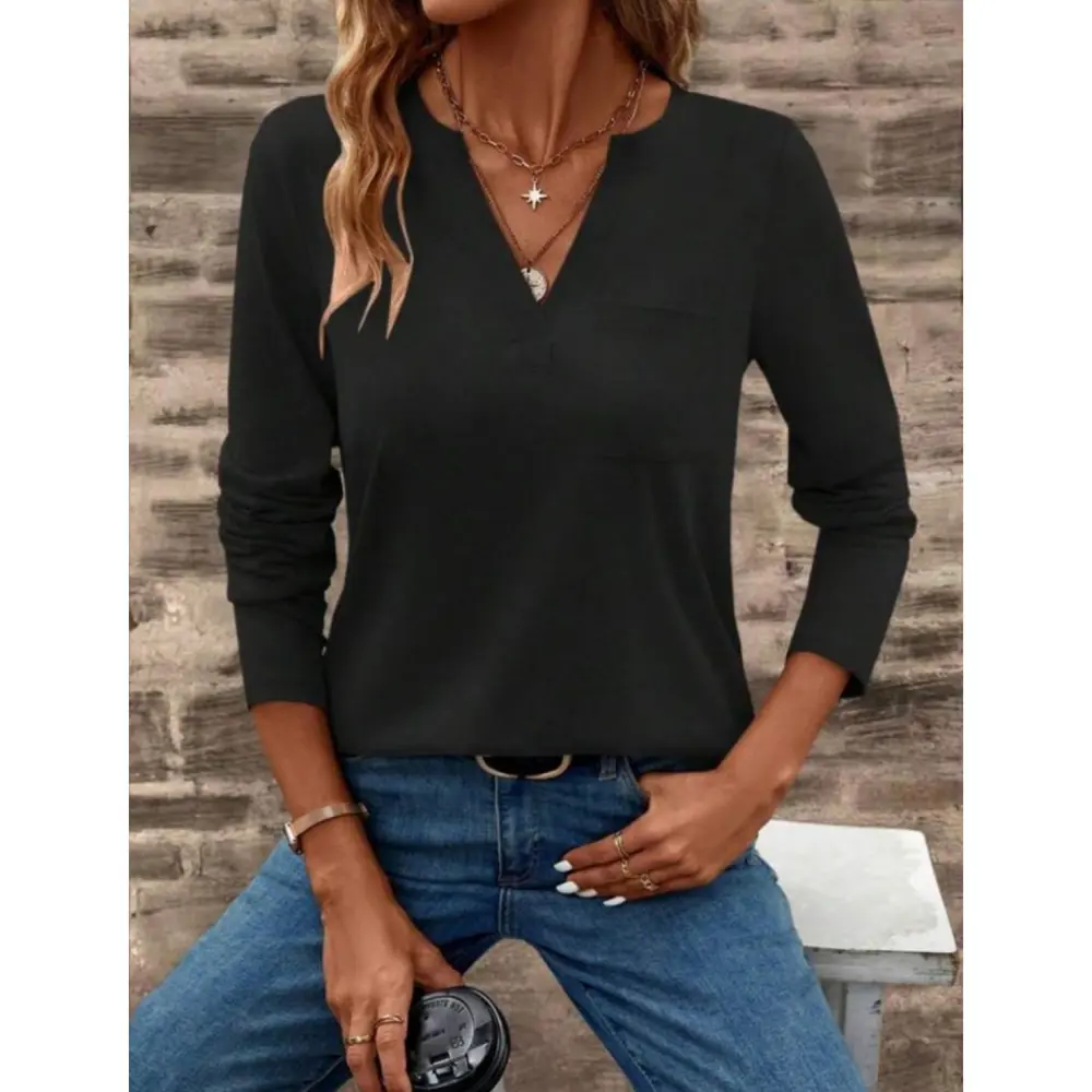 Lucky Life Kadın  Uzun Kollu Cepli V Yakalı Viskon Iki Iplik Bluz