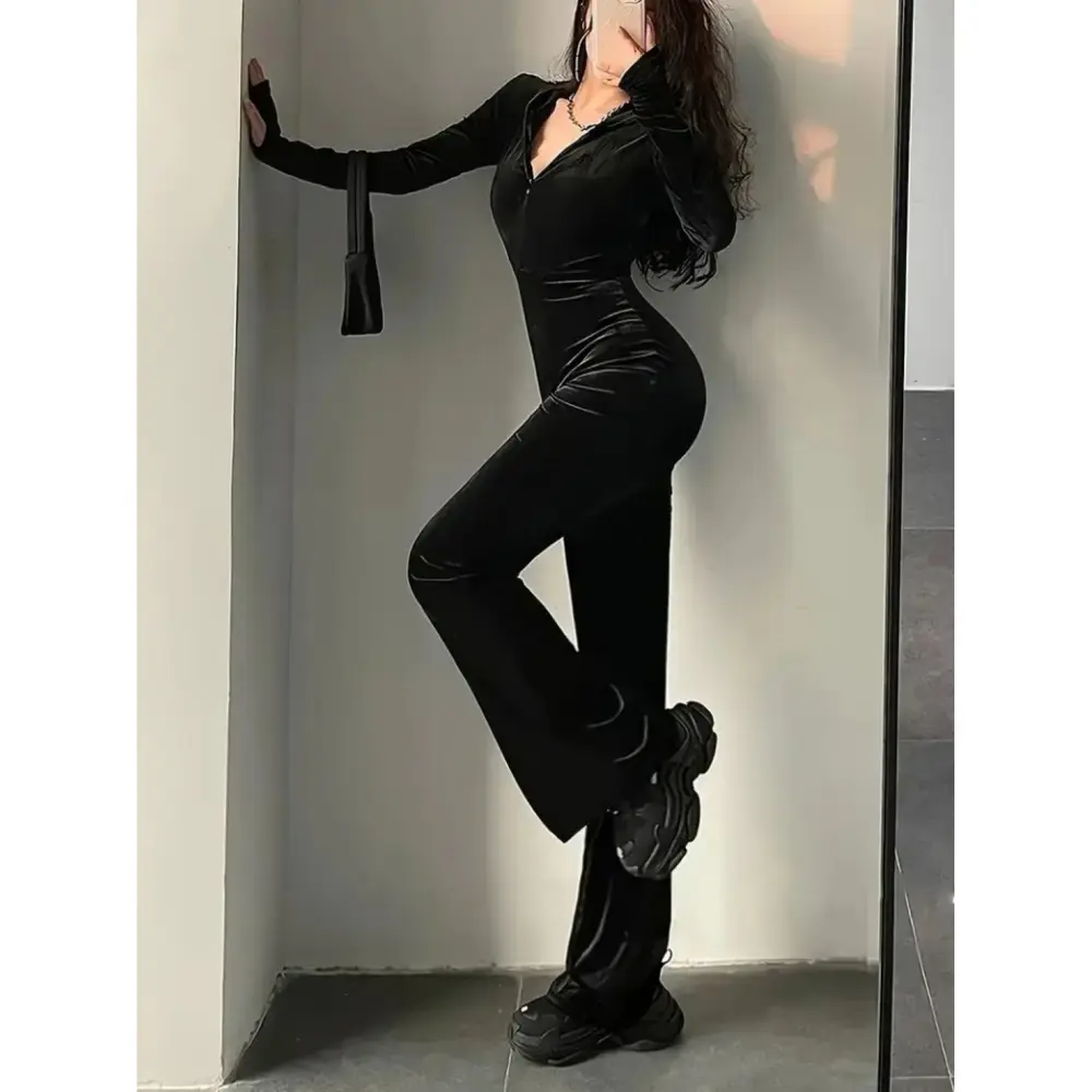 Lucky Life Kadın Uzun Kollu Kapşonlu Fermuarlı Kadife Tulum