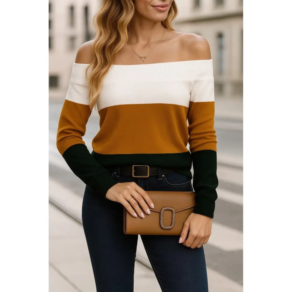 Lucky Life Kadın  Uzun Kollu Omuzlardan Açık Uzun Kollu Blok çizg