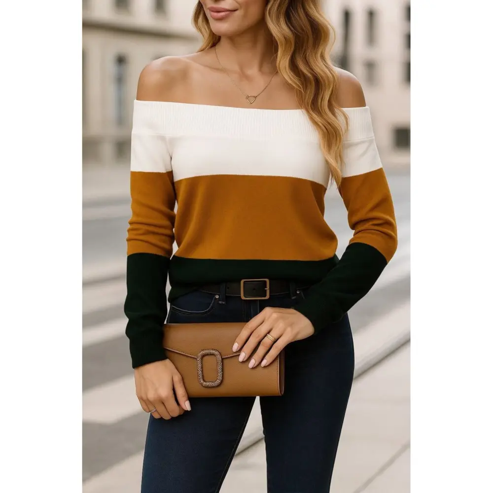 Lucky Life Kadın  Uzun Kollu Omuzlardan Açık Uzun Kollu Blok çizg