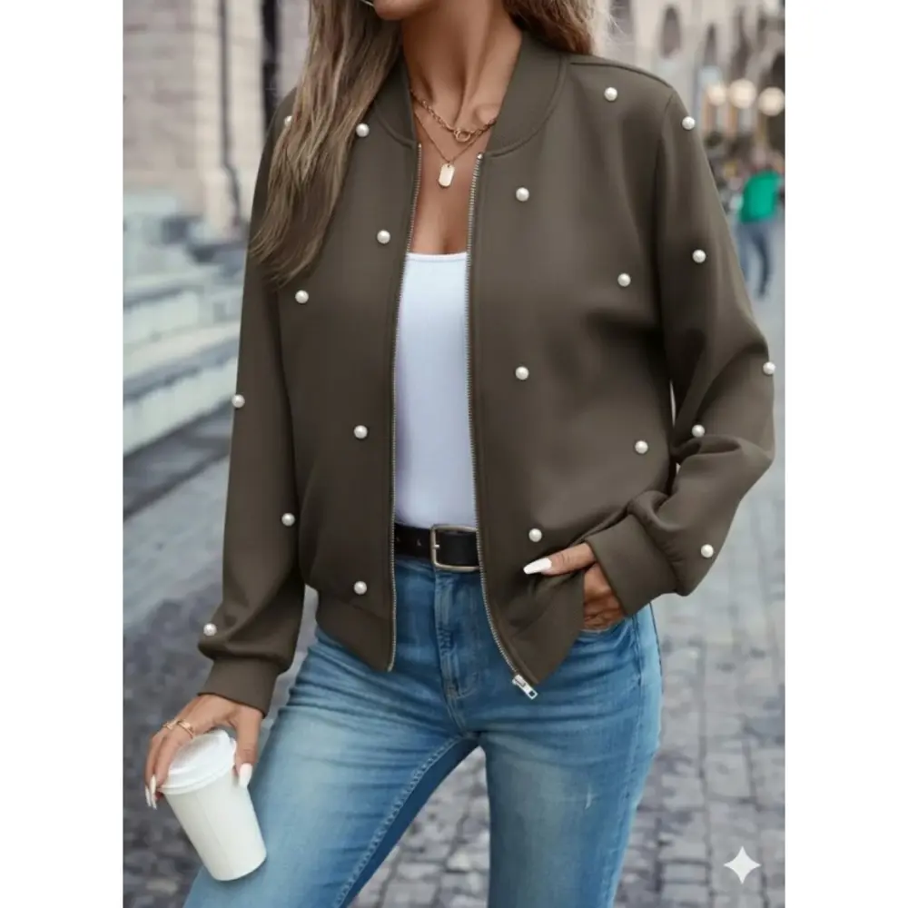 Lucky Life Kadın Uzun Kollu önden Fermuarlı Incili Kısa Modal Cek