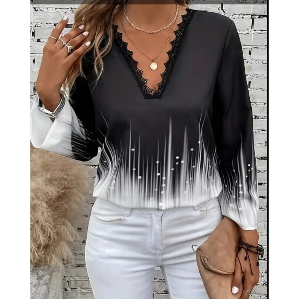 LUCKY LİFE Kadın Uzun Kollu V Dantel Yaka Desenli Modal Bluz