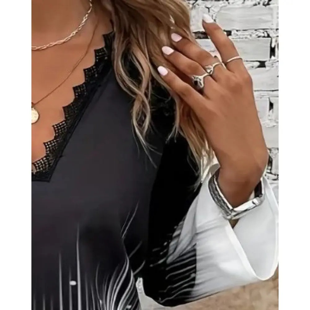 LUCKY LİFE Kadın Uzun Kollu V Dantel Yaka Desenli Modal Bluz