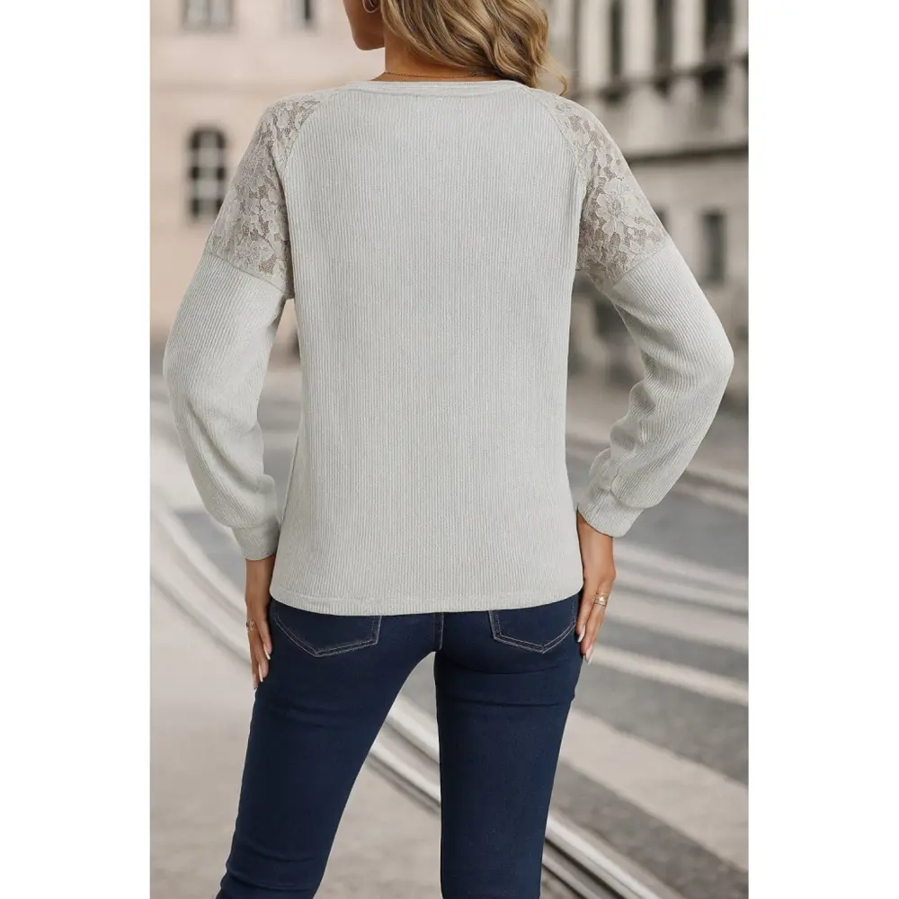 Lucky Life Kadın Uzun Kollu V Yakalı Dantelli Waffle Bluz