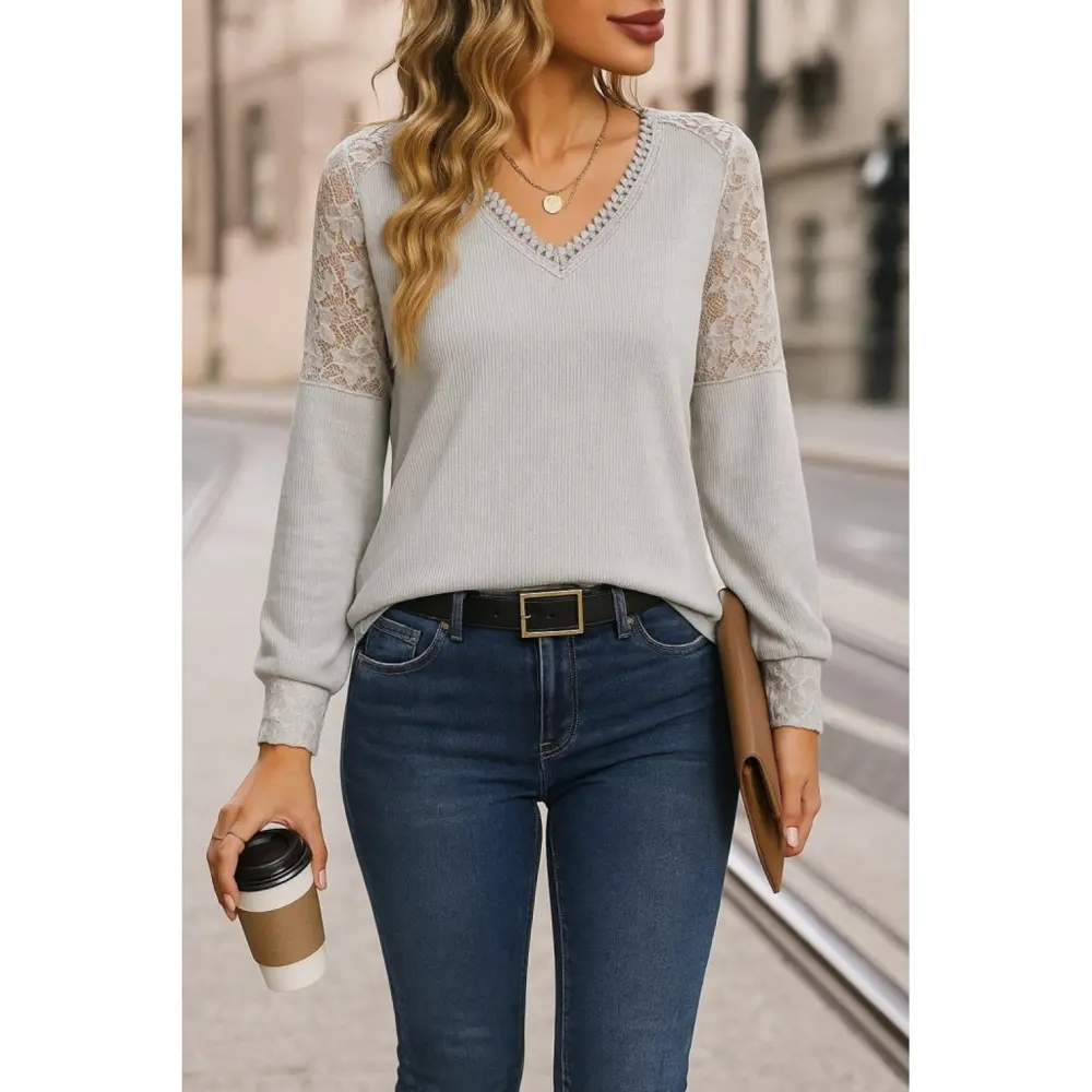 Lucky Life Kadın Uzun Kollu V Yakalı Dantelli Waffle Bluz