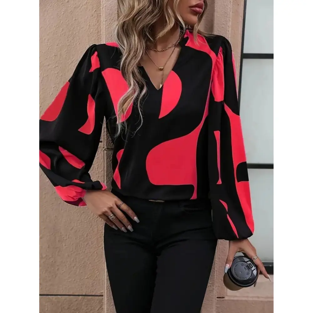 Lucky Life Kadın Uzun Kollu V Yakalı Desenli Modal Bluz