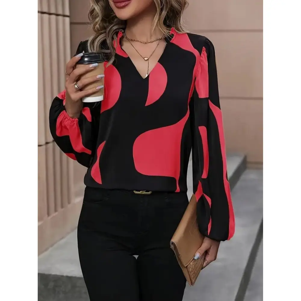 Lucky Life Kadın Uzun Kollu V Yakalı Desenli Modal Bluz