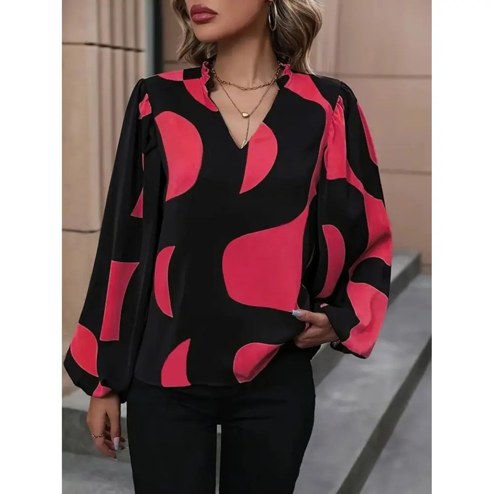 Lucky Life Kadın Uzun Kollu V Yakalı Desenli Modal Bluz