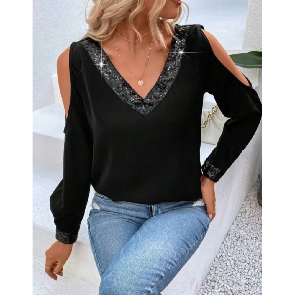 Lucky Life Kadın Uzun Kollu V Yakalı Omuzlardan Açık Sandy Bluz