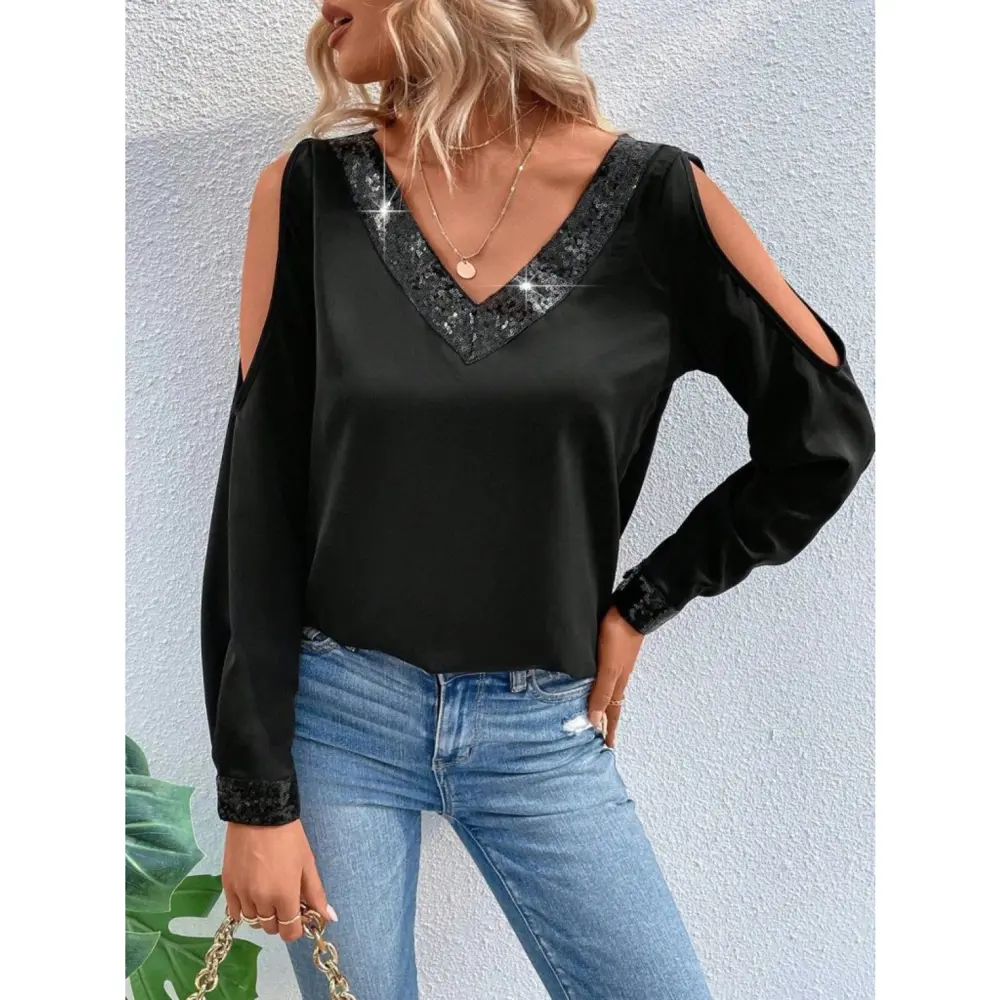 Lucky Life Kadın Uzun Kollu V Yakalı Omuzlardan Açık Sandy Bluz