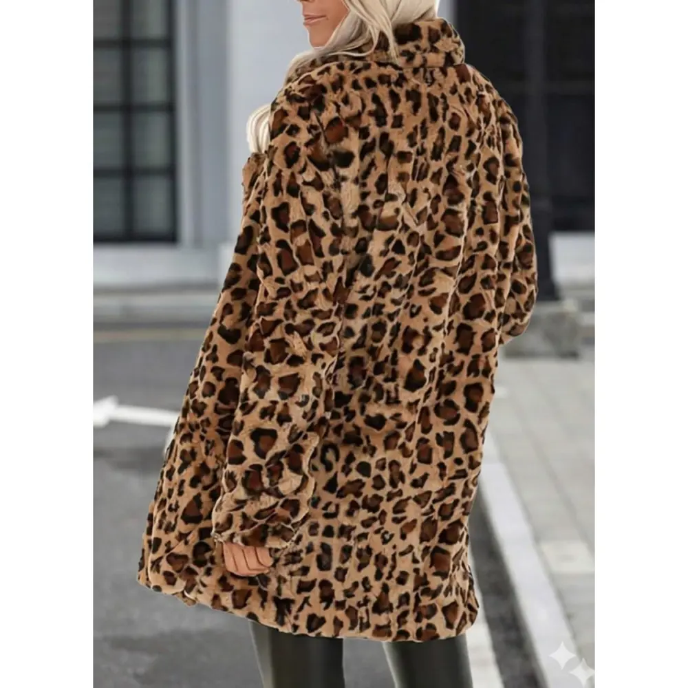 Lucky Life Kadın Uzun Kollu Yakalı Cepli Kısa Peluş Leopar Kaban