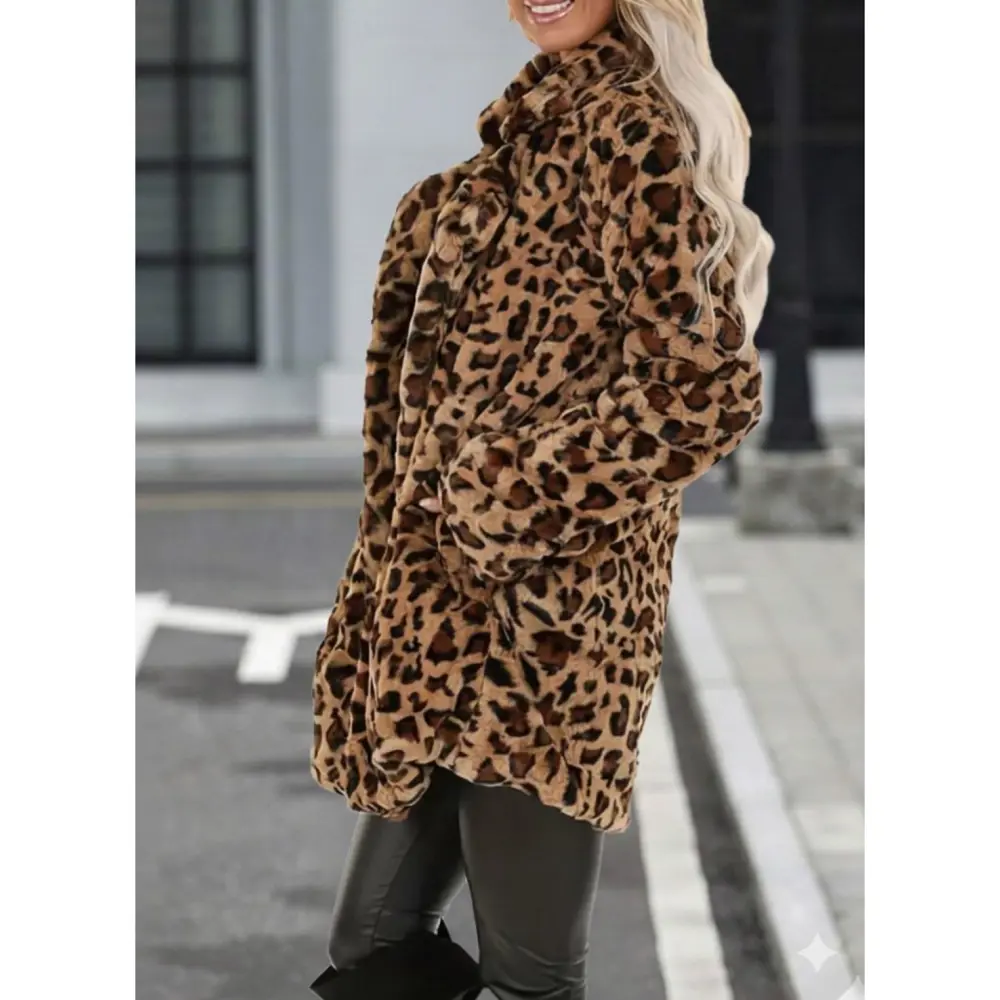 Lucky Life Kadın Uzun Kollu Yakalı Cepli Kısa Peluş Leopar Kaban