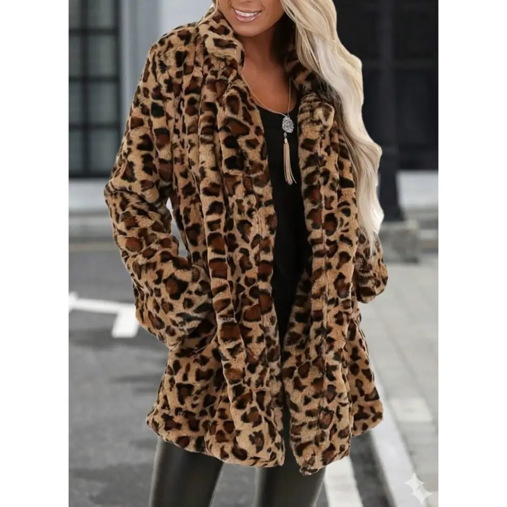 Lucky Life Kadın Uzun Kollu Yakalı Cepli Kısa Peluş Leopar Kaban