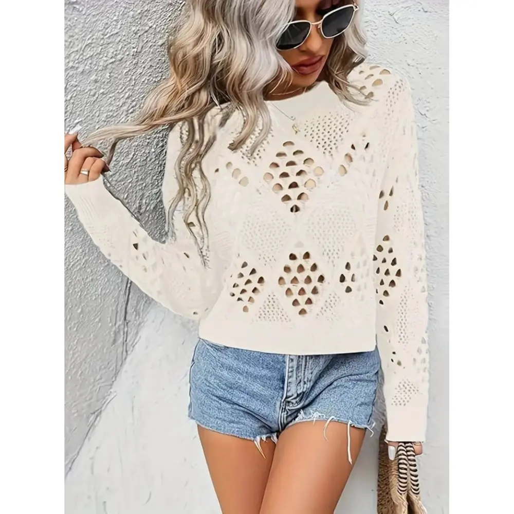 Lucky Life Kadın Uzun Kollu Yuvarlak Yaka Delik Desenli Triko Blu