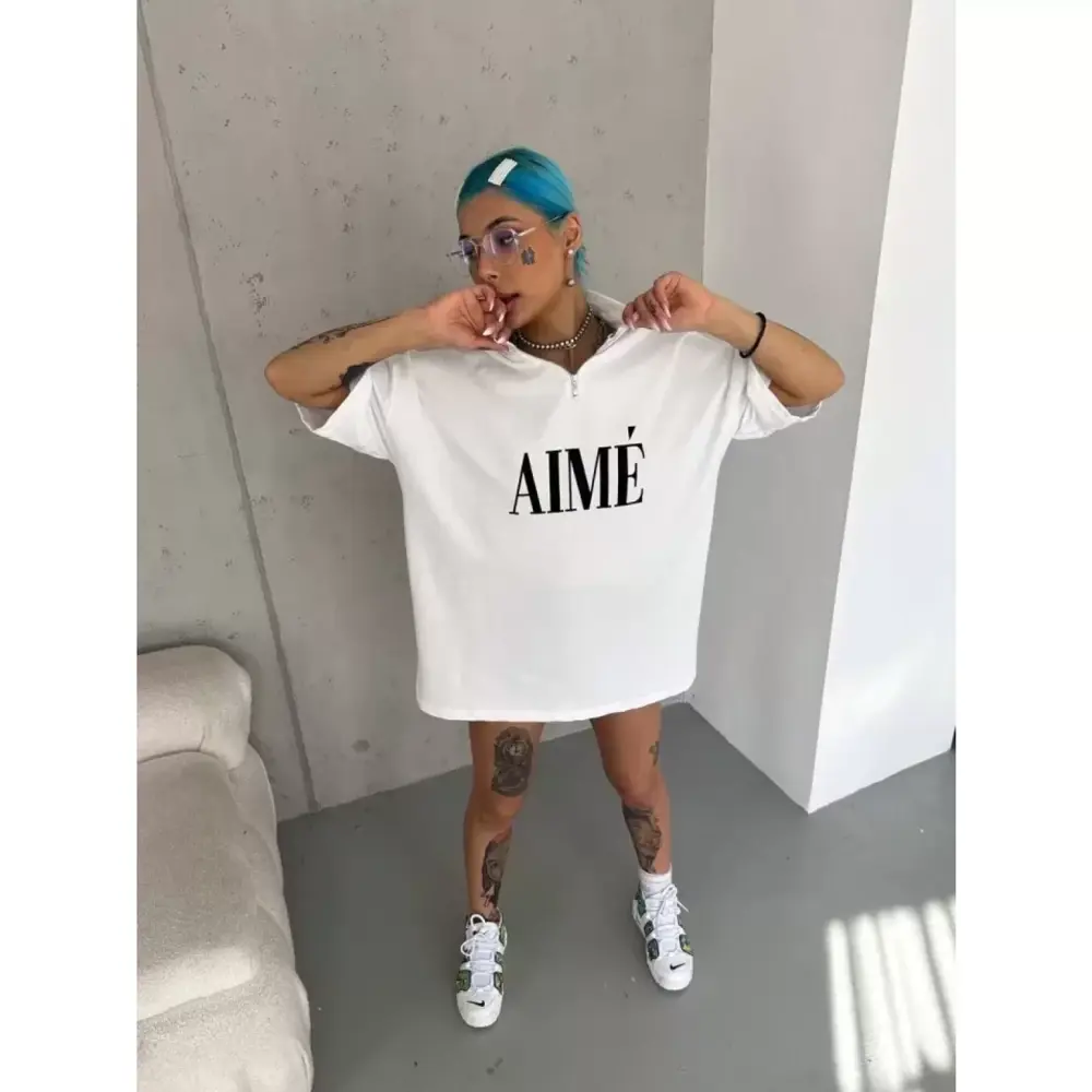 Lucky Life Kadın  Yarım Fermuarlı Baskılı T-Shirt - Beyaz