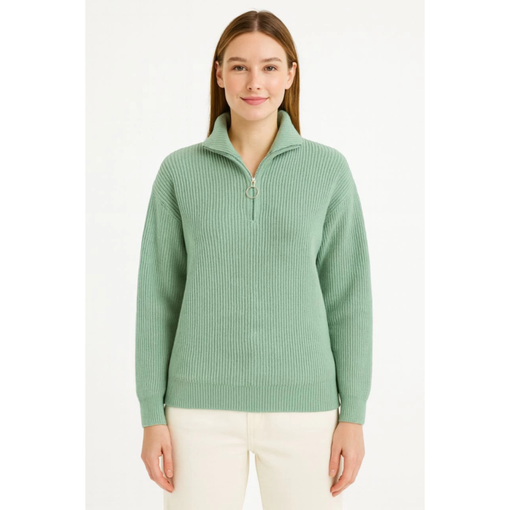 Lucky Life Kadın Yarım Fermuarlı Triko Kazak – Selanik Örgü, Dik