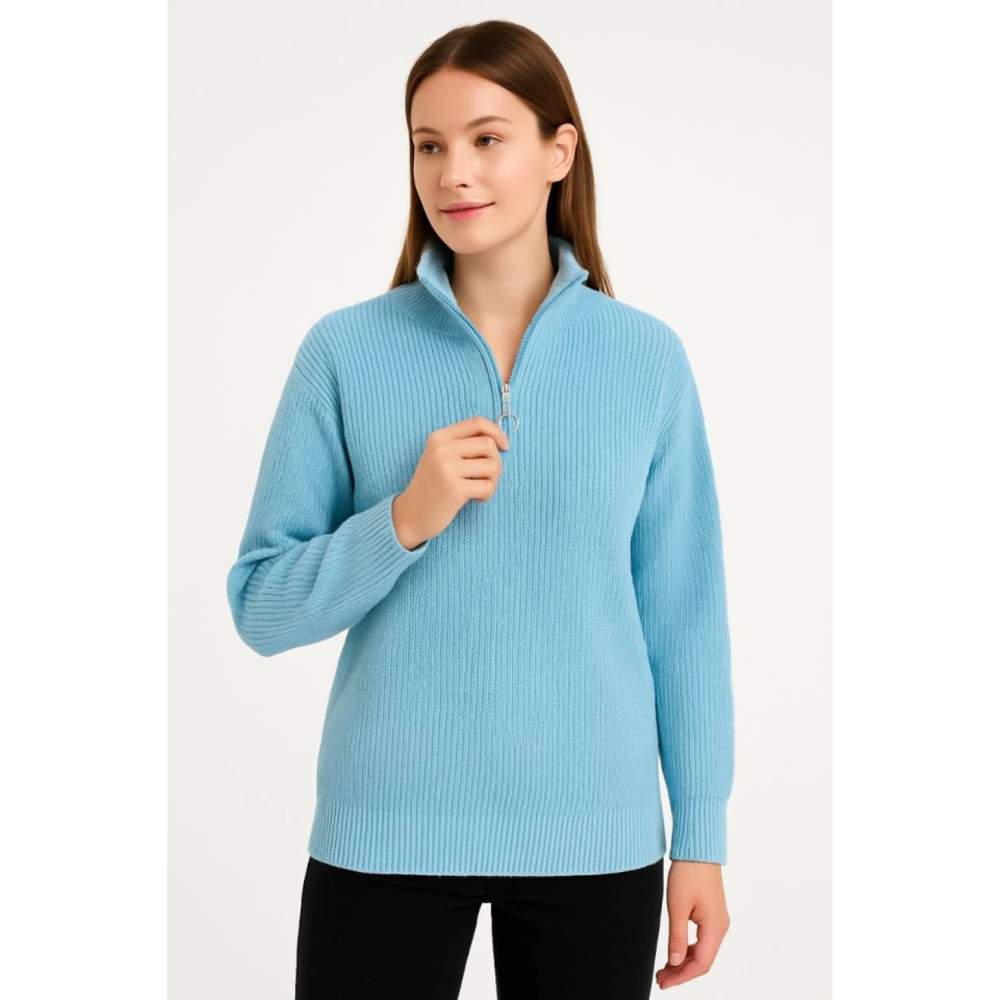 Lucky Life KADIN Yarım Fermuarlı Triko Kazak – Selanik Örgü, Dik