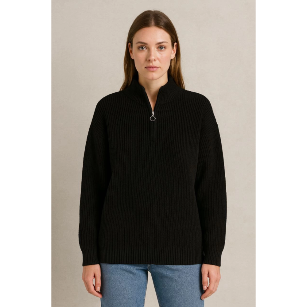 Lucky Life KADIN Yarım Fermuarlı Triko Kazak – Selanik Örgü, Dik