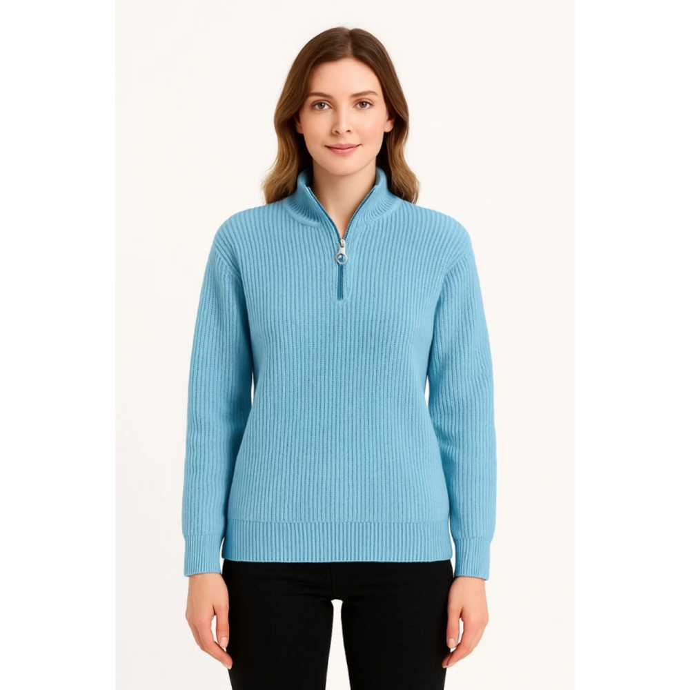 Lucky Life KADIN Yarım Fermuarlı Triko Kazak – Selanik Örgü, Dik