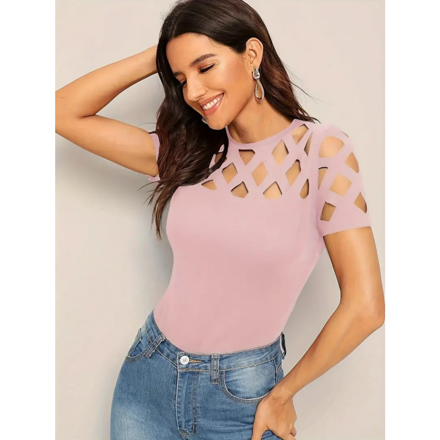 Lucky Life Kısa Kollu Baklava Desen Lazer Kesim Ithal Krep Bluz