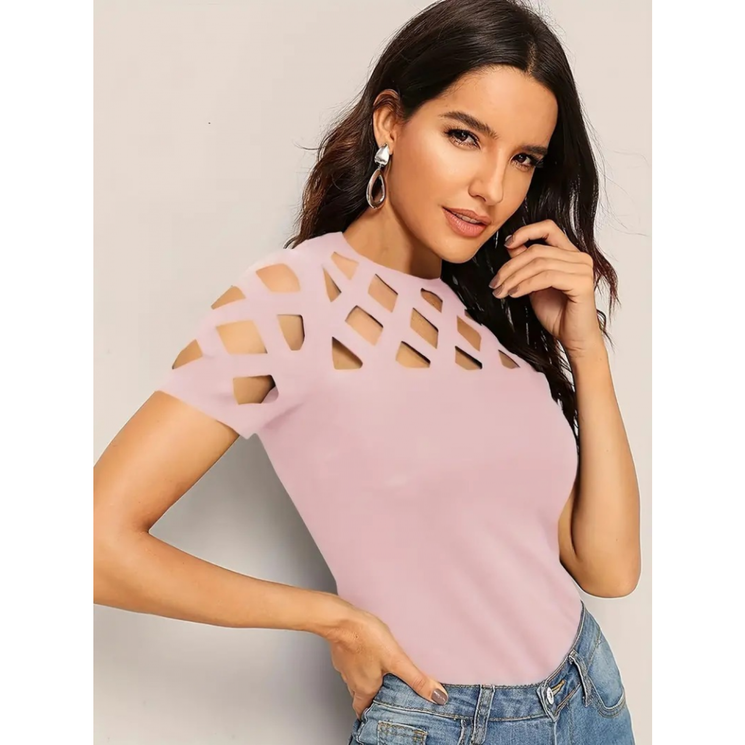 Lucky Life Kısa Kollu Baklava Desen Lazer Kesim Ithal Krep Bluz