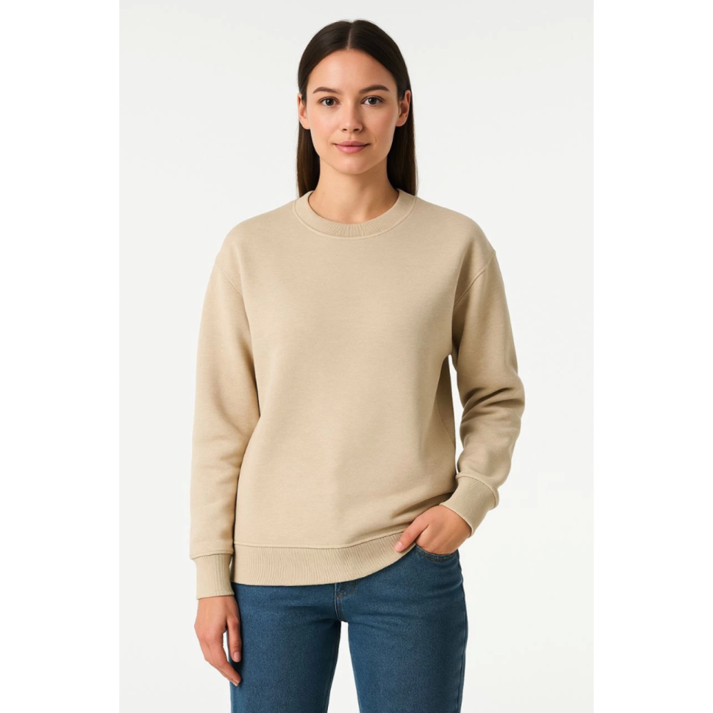 Lucky Life Üç İplik Düz Bisiklet Yaka SweatShirt - Bej