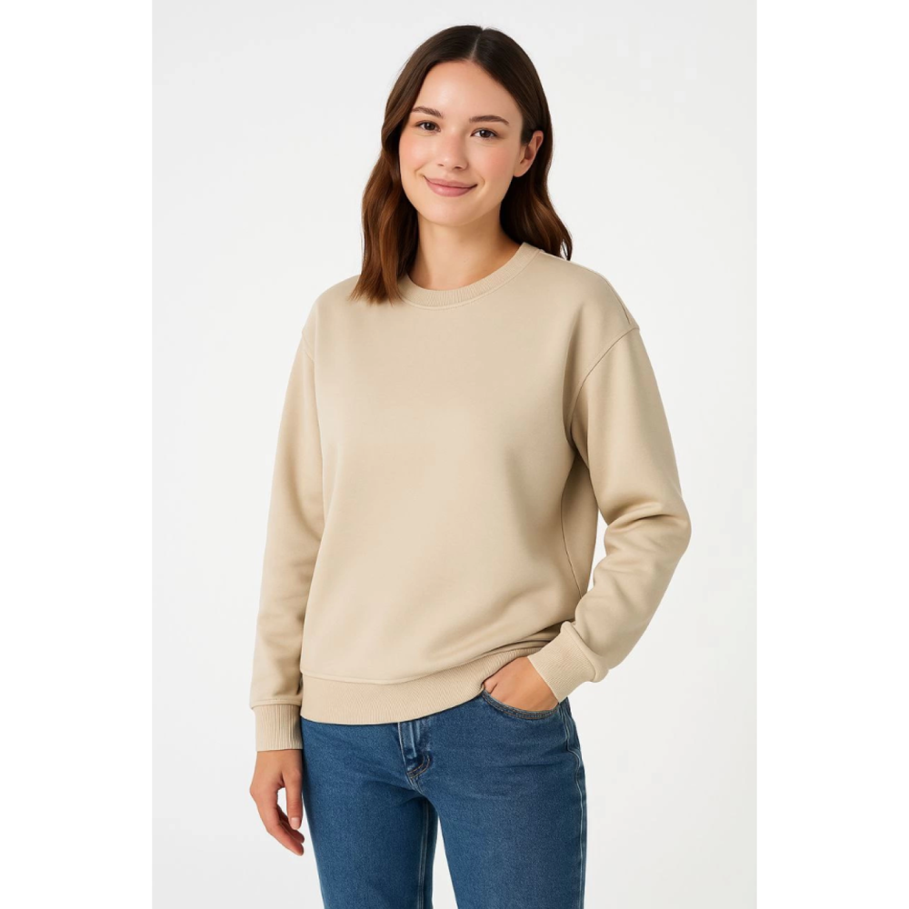 Lucky Life Üç İplik Düz Bisiklet Yaka SweatShirt - Bej