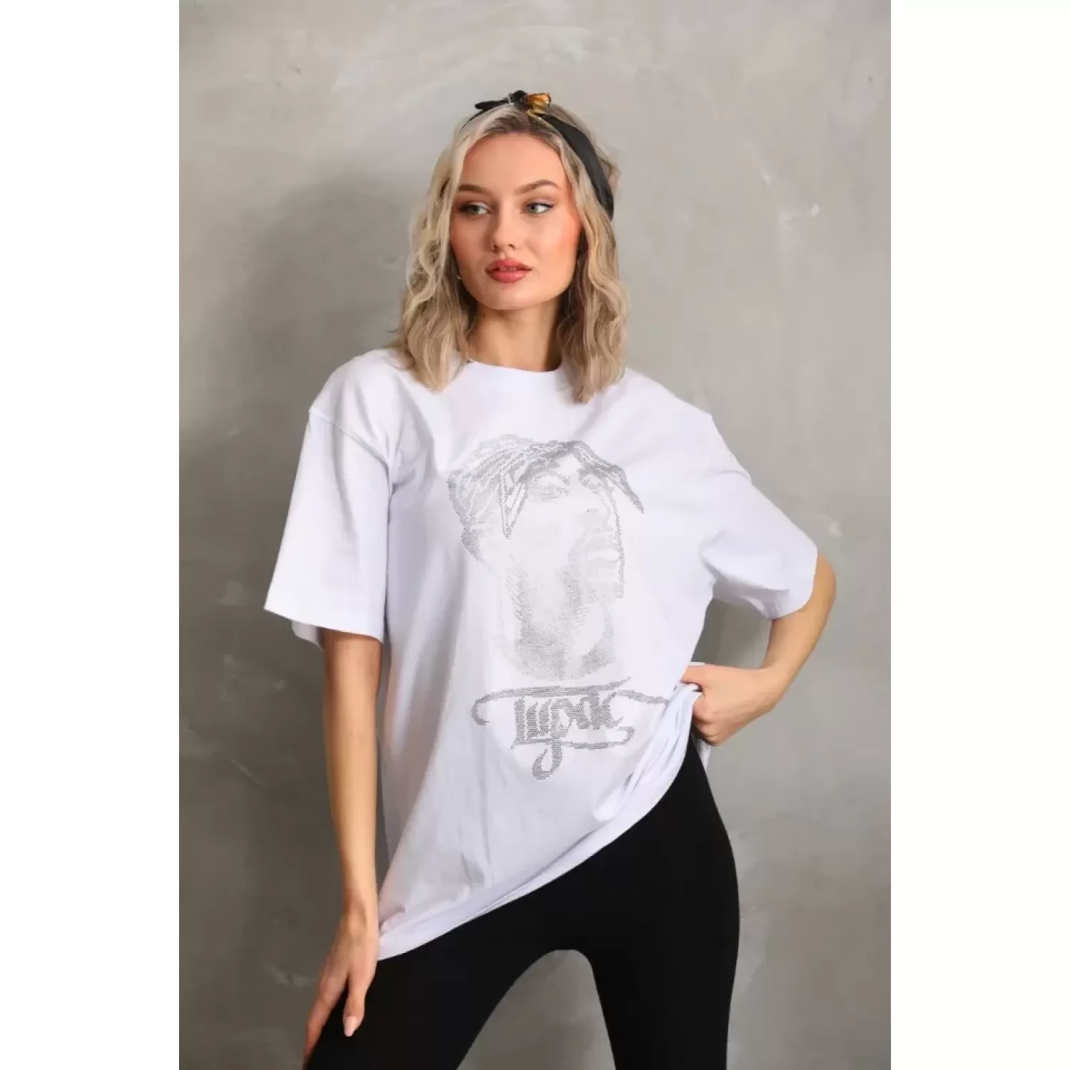 Lucky Life Unisex Taş Desenli Oversize T-Shirt - Beyaz