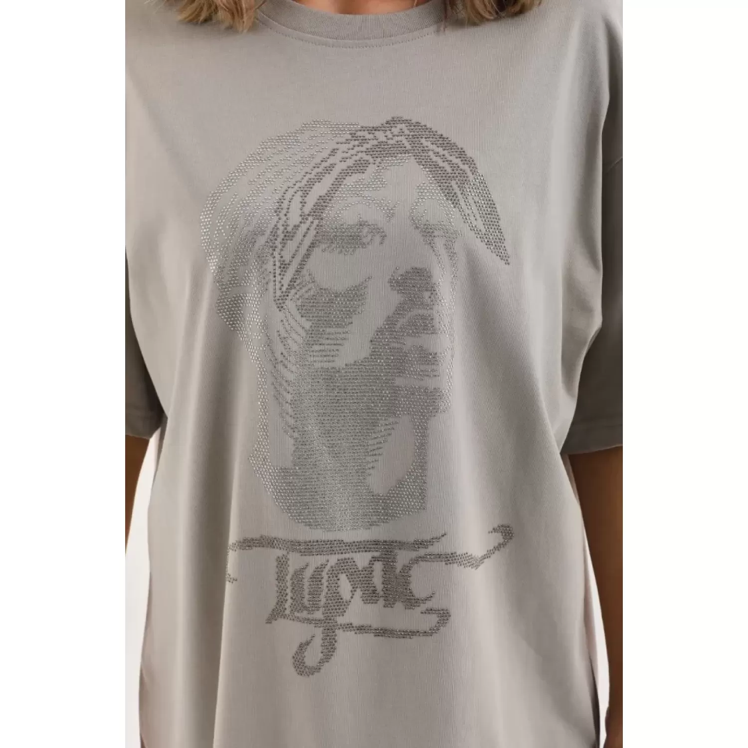 Lucky Life Unisex Taş Desenli Oversize T-Shirt - Gri