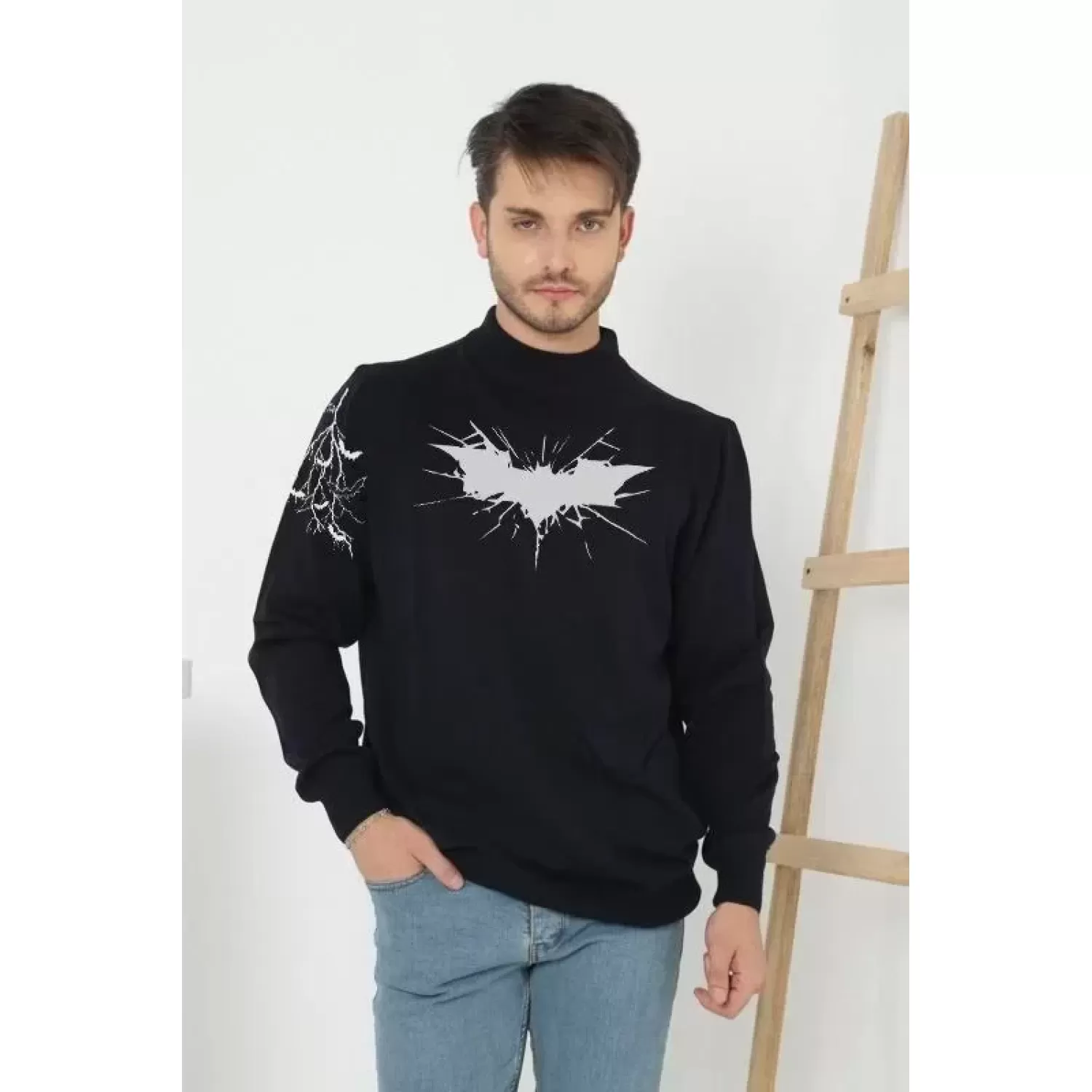 Lucky Life Unisex Yarım Boğazlı Baskılı Dokuma Triko - Siyah