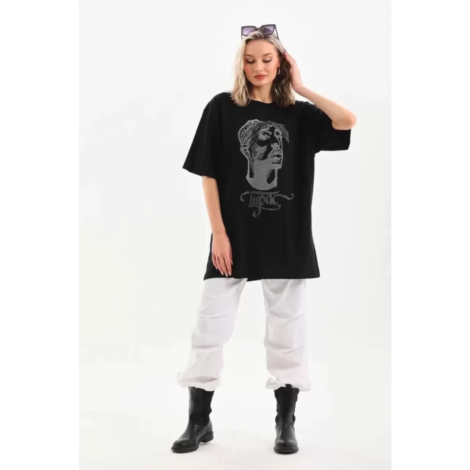 Lucky Life Unisex Taş Desenli Oversize T-Shirt - Siyah