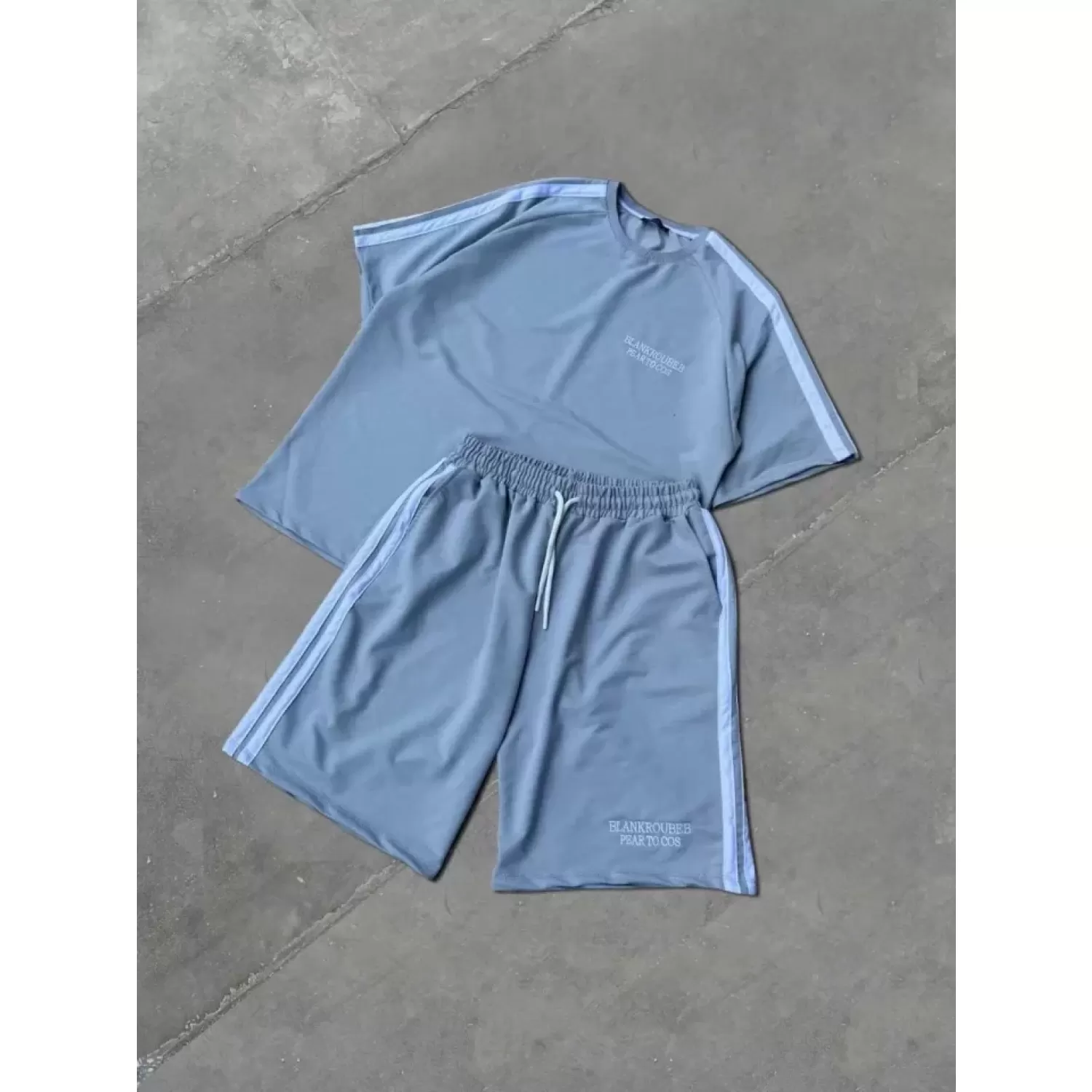 Lucky Life Unisex Şeritli Baskılı Şortlu Takım - Boyalı Gri
