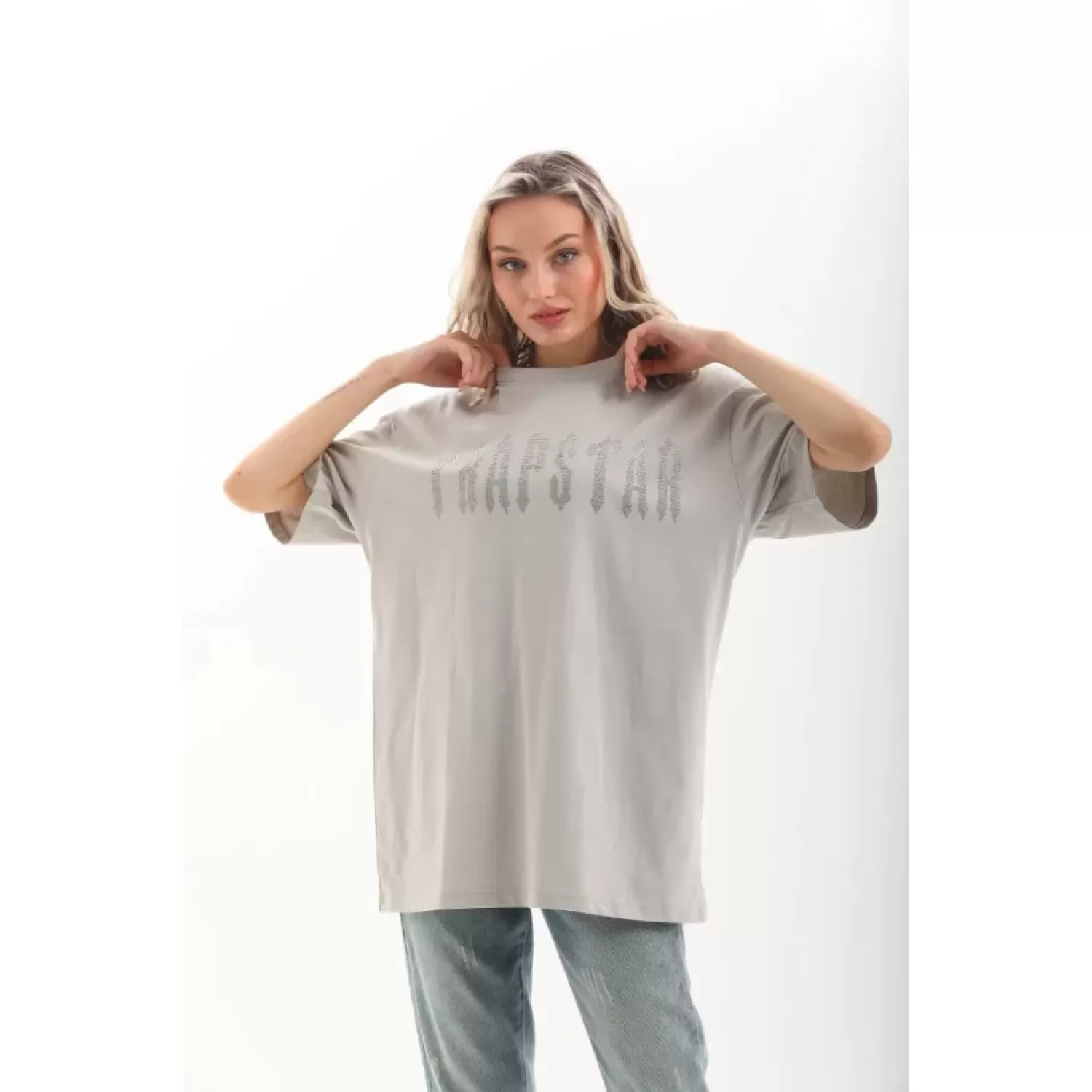 Lucky Life Unisex Taş Desenli Oversize T-Shirt - Gri