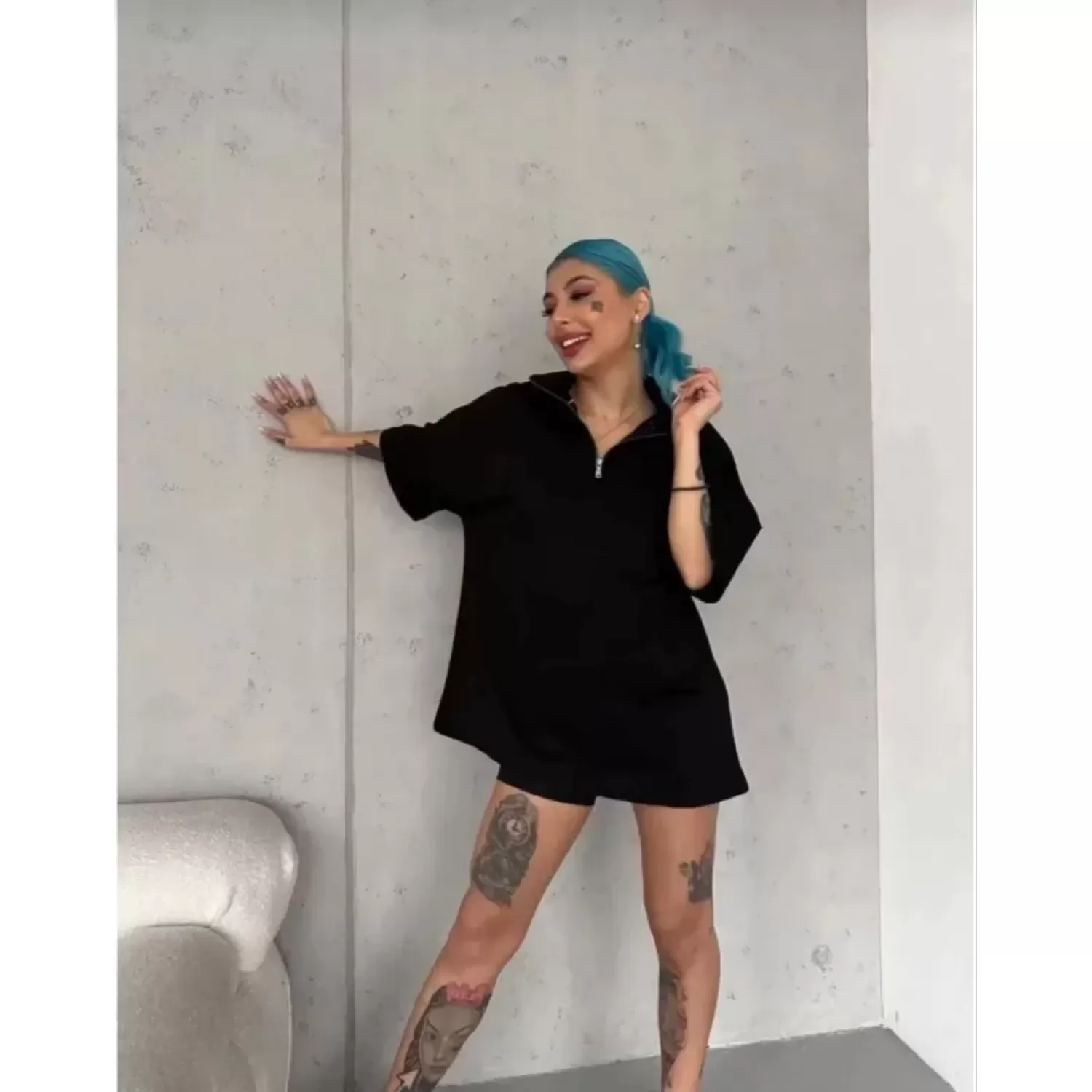 Lucky Life Unisex  Yarım Fermuarlı Düz Oversize T-Shirt - Siyah